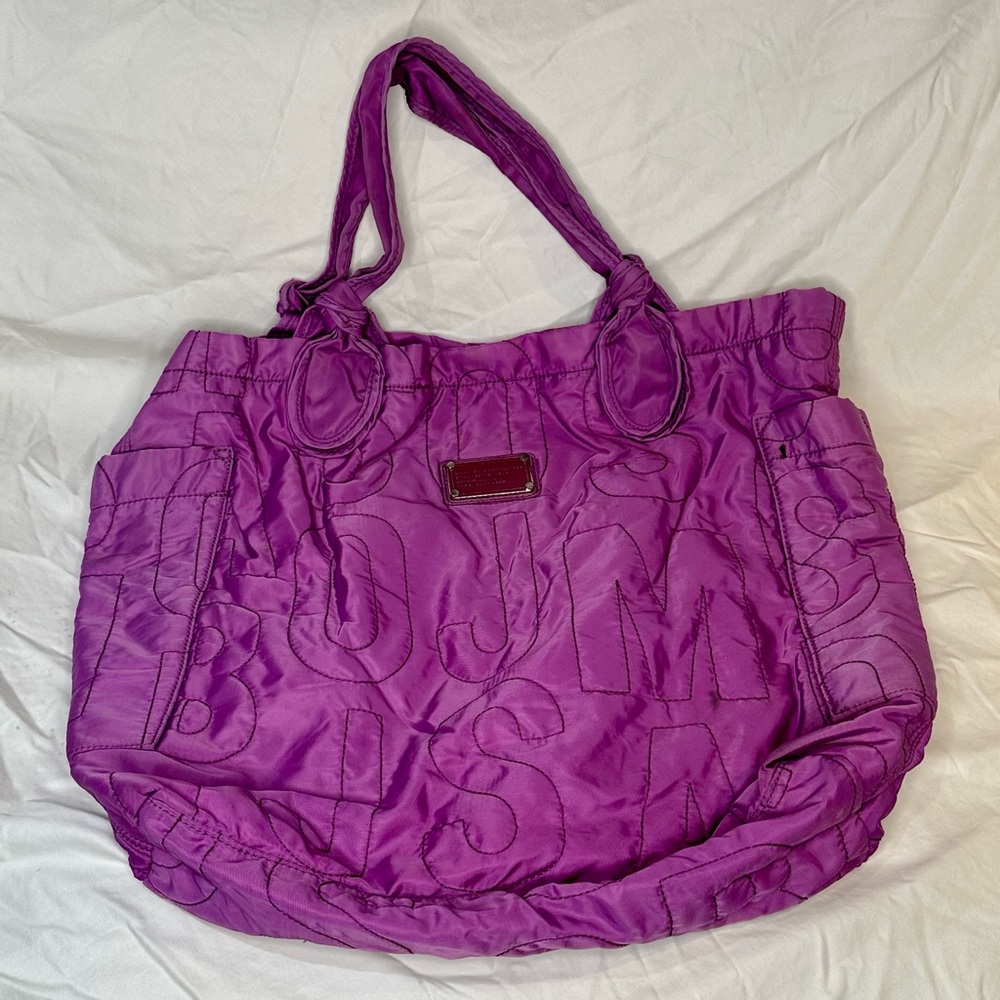 Marc Jacobs Quilted Nylon Tote Bag Purple Oversized Shoulder Bag Logo Print